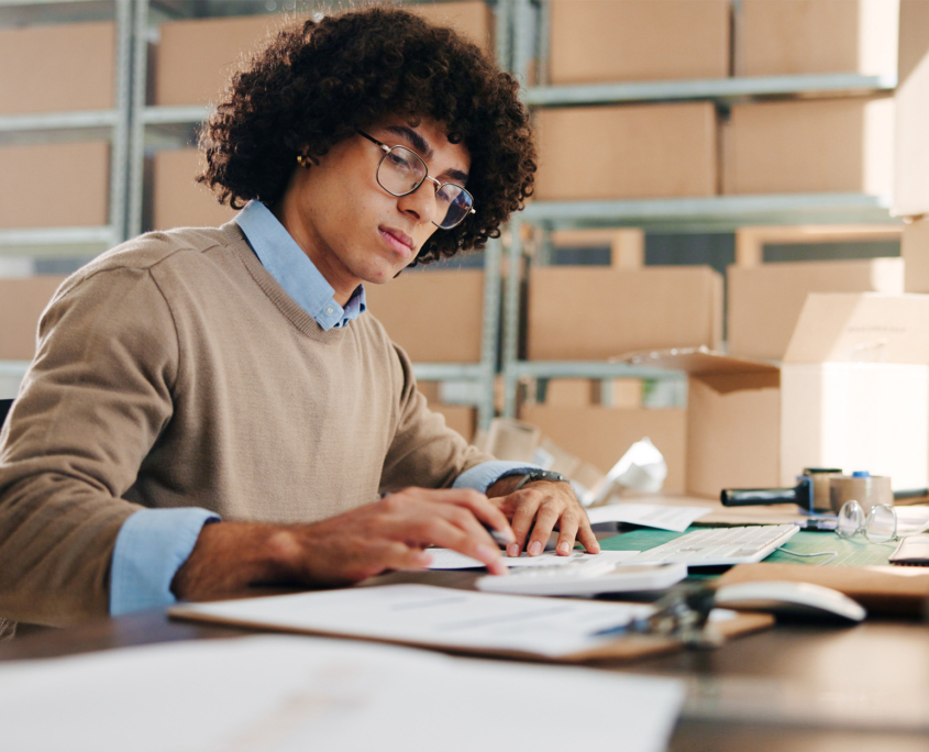 Man, Writing And Paperwork For Distribution In Warehouse